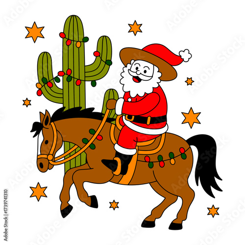 Cowboy Santa Riding Horse with Christmas Cactus