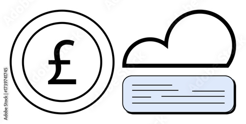 Pound currency inside circle next to a cloud icon and rectangular block representing digital storage. Ideal for financial technology, currency exchange, cloud finance, digital banking, savings