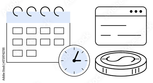 Calendar, clock, coin, and browser window highlight concepts of time management, scheduling, financial planning, deadlines, productivity, budget tracking and digital workflow in a simple flat