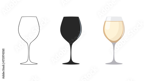 Illustration of a wine glass in three different styles