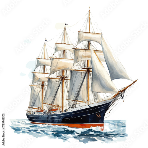 Clipper Ship, watercolor vector, isolated on a white background.