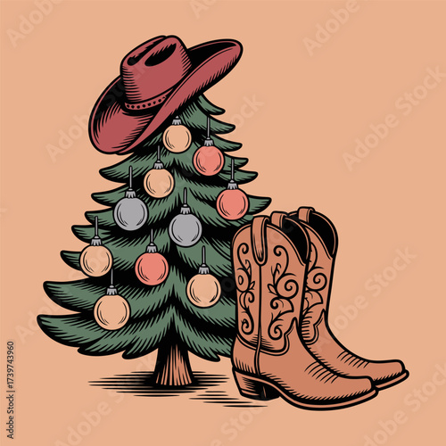 Cowboy Christmas Tree with Boots and Hat Illustration