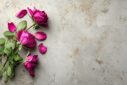 Three vibrant pink roses and petals on a speckled beige and brown background