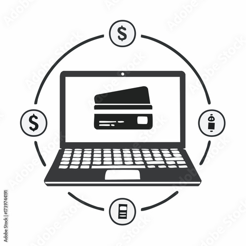 E-commerce interior, nobody, empty space a laptop screen with a credit card surrounded by payment icons