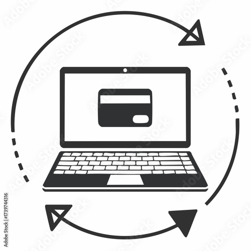 Secure online banking and e-commerce transaction cycle on a laptop, illustrating a concept for an empty digital interior where nobody is physically present