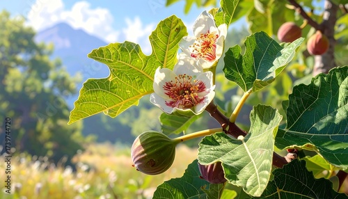 Fototapeta Naklejka Na Ścianę i Meble -  Fig Tree Blossoms and Fruit in Sunlight Against a Scenic Background
