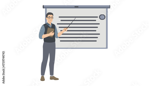 Vector illustration of a teacher giving presentation with board