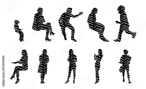 Vector illustration, Outline silhouettes of people, Contour drawing, people silhouette, Icon Set Isolated , Silhouette of sitting people, Architectural set