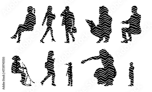 Vector illustration, Outline silhouettes of people, Contour drawing, people silhouette, Icon Set Isolated , Silhouette of sitting people, Architectural set