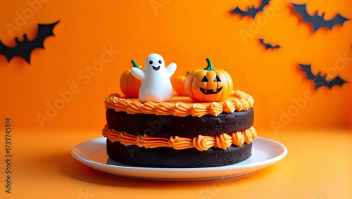 A cute halloween cake decorated with ghosts and jack-o'-lantern pumpkins, isolated on orange background with bat decorations - Halloween food, fun, festive celebration, holiday party dessert concept 