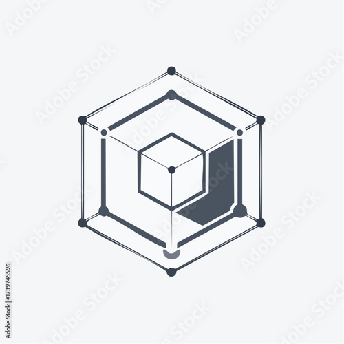 Abstract geometric wireframe cube showcasing an empty interior, a minimalist technological concept illustration with nobody inside