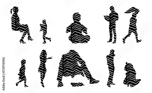 Vector illustration, Outline silhouettes of people, Contour drawing, people silhouette, Icon Set Isolated , Silhouette of sitting people, Architectural set