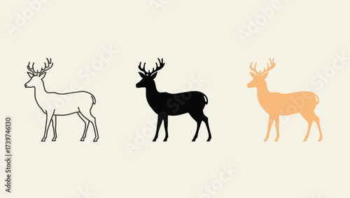 Vector art of three deer illustrations, one in outline, one in silhouette, and one in color
