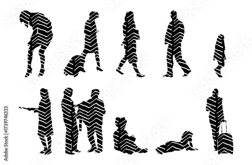 Vector illustration, Outline silhouettes of people, Contour drawing, people silhouette, Icon Set Isolated , Silhouette of sitting people, Architectural set