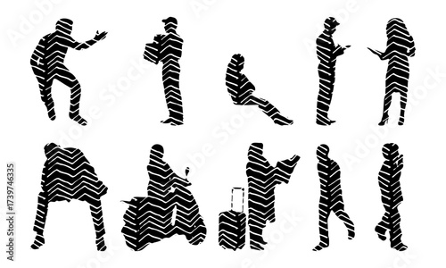 Vector illustration, Outline silhouettes of people, Contour drawing, people silhouette, Icon Set Isolated , Silhouette of sitting people, Architectural set