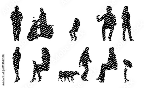 Vector illustration, Outline silhouettes of people, Contour drawing, people silhouette, Icon Set Isolated , Silhouette of sitting people, Architectural set