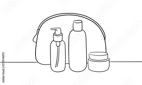 Сosmetic bag with tube of face and body cream in line art style on white background. Body and face care outline. Vector illustration