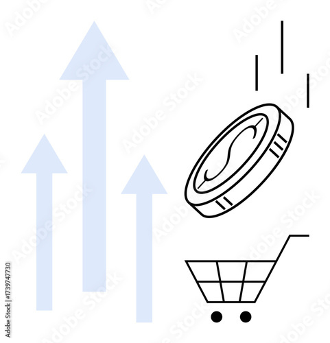 Coin falling into shopping cart beside upward arrows representing inflation, savings, retail growth, market trends, finance, commerce, and investment potential. Simple flat metaphor