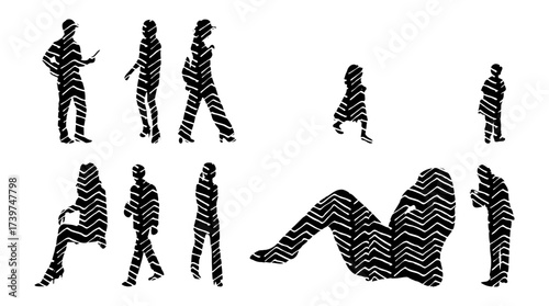 Vector illustration, Outline silhouettes of people, Contour drawing, people silhouette, Icon Set Isolated , Silhouette of sitting people, Architectural set