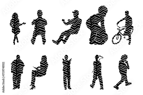 Vector illustration, Outline silhouettes of people, Contour drawing, people silhouette, Icon Set Isolated , Silhouette of sitting people, Architectural set