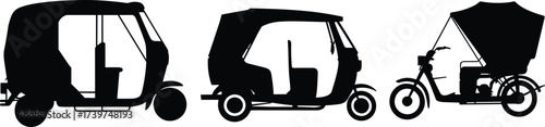 Auto rickshaw silhouette vector set, three wheeler transport icons, tuk tuk shapes, cad drawing flat vector illustration, urban mobility artwork