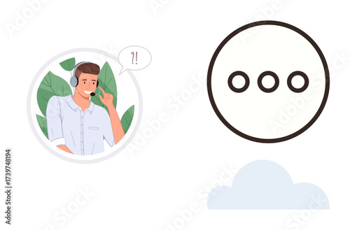 Customer service agent with headset speaking amidst green leaves, next to typing dots and cloud icon. Ideal for communication, support, teamwork, technology, conversation, customer service