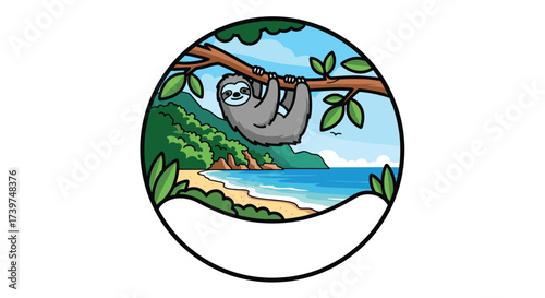 A cute sloth hanging from a tree branch on a tropical beach.