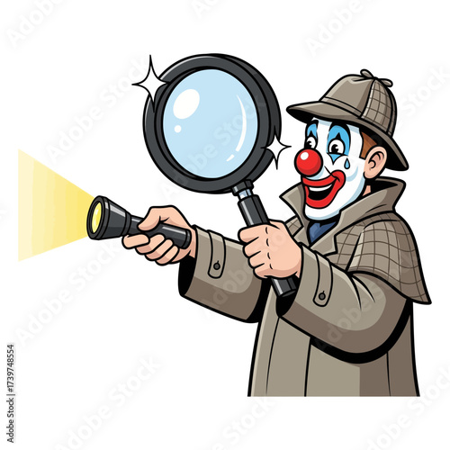 Vector art of cartoon clown detective with magnifying glass and flashlight is searching for something with great enthusiasm
