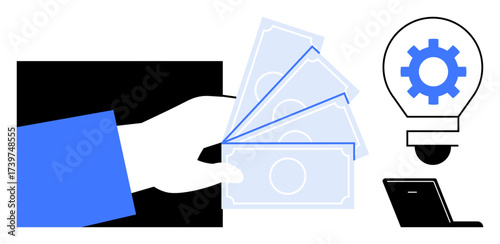 Hand fanning out paper money beside a bulb with a gear and a laptop, symbolizing financial investment, technological advancement, creativity, teamwork, startup funding, innovation