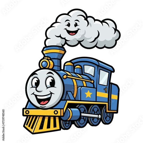 Vector art of cheerful blue cartoon train with a smiling face and a star, puffing out a cloud of steam with a happy expression