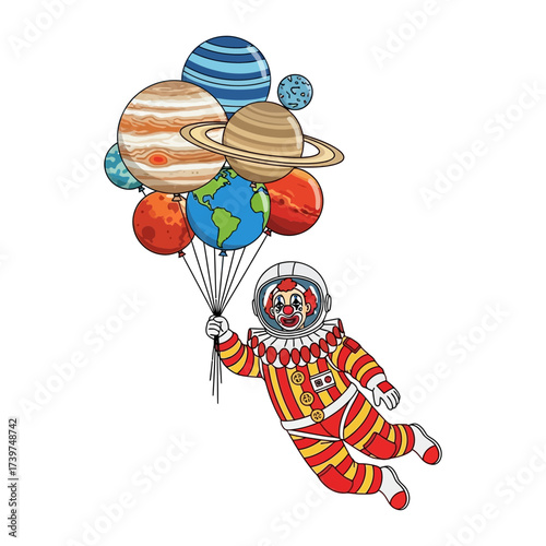 Vector art of an astronaut in a spacesuit floats with a bunch of planet balloons hand drawn vector illustration