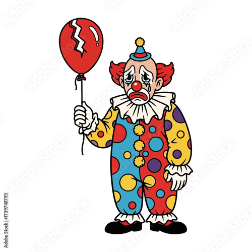 Vector art of sad clown holding a broken red balloon, with tearful eyes, wearing a colorful polka dot costume and hat, looking dejected