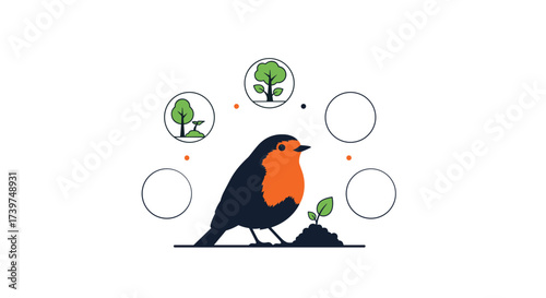 An illustrative image of a robin bird standing on a mound of soil with a small plant growing next to it suggesting growth and nature.