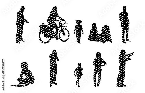 Vector illustration, Outline silhouettes of people, Contour drawing, people silhouette, Icon Set Isolated , Silhouette of sitting people, Architectural set