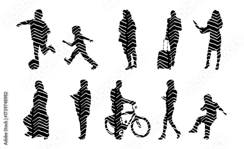 Vector illustration, Outline silhouettes of people, Contour drawing, people silhouette, Icon Set Isolated , Silhouette of sitting people, Architectural set