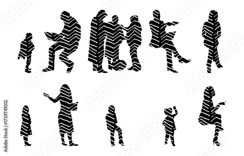 Vector illustration, Outline silhouettes of people, Contour drawing, people silhouette, Icon Set Isolated , Silhouette of sitting people, Architectural set