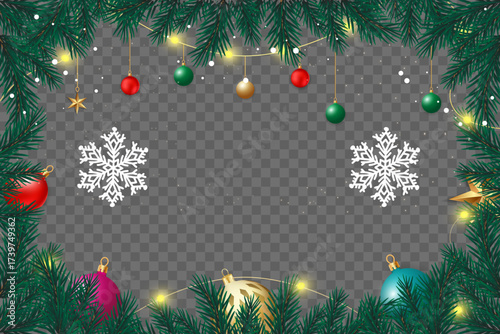 Evergreen boughs frame snowflakes and colorful ornaments under twinkling lights
