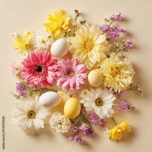 Floral arrangement with painted eggs on a light background, creating an Easter-themed still life