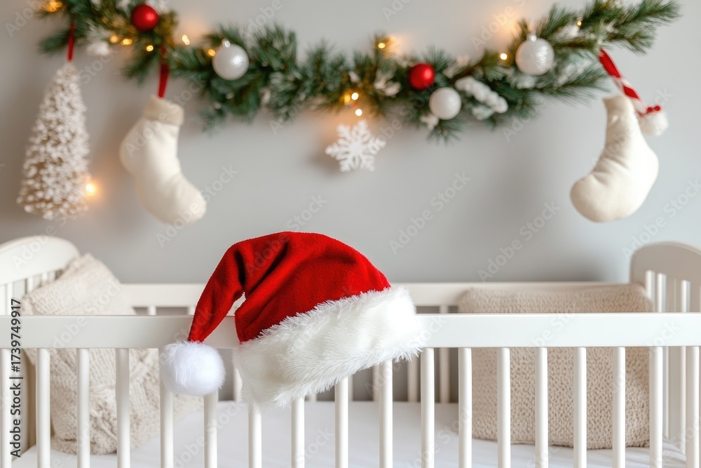 Fototapeta premium Cozy holiday scene with santa hat on knit blanket amid warm christmas lights