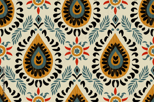 Ikat geometric folklore ornament. Oriental vector damask pattern. Ancient art of the Arabesque. Tribal ethnic texture. Spanish motif on the carpet. Aztec style. Indian rug. Gypsy, Mexican embroidery.