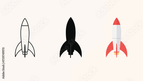 Illustration of a rocket in different styles outline, silhouette, and color