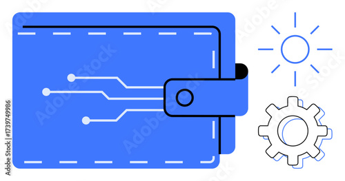 Blue wallet with circuit lines, gear, and sun elements symbolizing technology, innovation, digital finance, and systems. Ideal for fintech, e-commerce, cryptocurrency software automation research