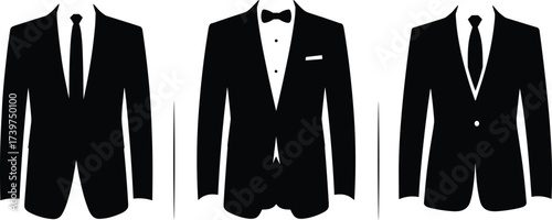 Men’s formal jacket silhouettes, business suit, tuxedo, modern fashion, flat vector illustration, CAD drawing, black design, wardrobe style comparison