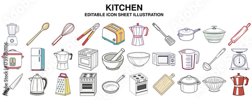 Vibrant collection of essential kitchen utensils and cooking equipment for diverse culinary tasks, baking, and meal preparation, depicted as isolated, colorful flat icons