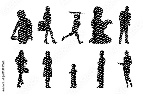 Vector illustration, Outline silhouettes of people, Contour drawing, people silhouette, Icon Set Isolated , Silhouette of sitting people, Architectural set