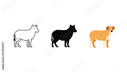 Vector art of dog icon set, featuring outline, silhouette, and color variations