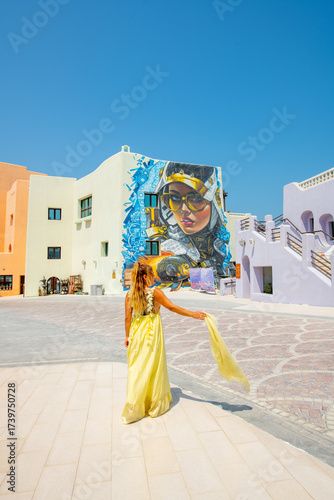 Colorful shopping villa's at old port mina park Qatar with selective focus.