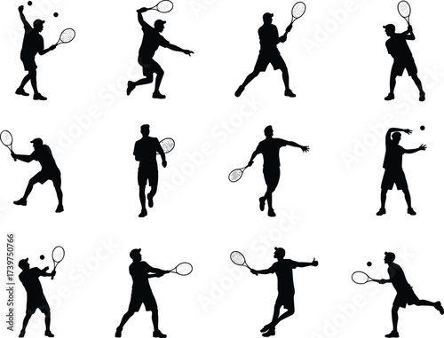 Tennis player silhouette, action pose, racket, ball, sport icon, cad drawing, flat vector, dynamic motion, athletic, black shape, illustration