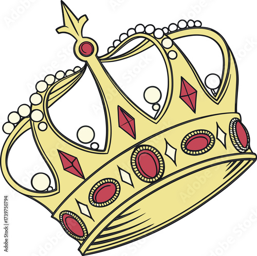 Golden crown with red jewels and pearls illustration