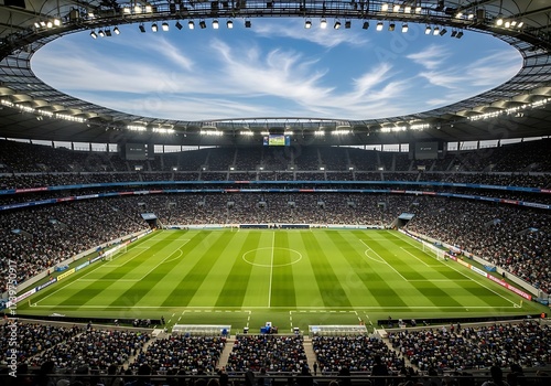 Experience the Electric Atmosphere of a Packed Football Stadium Under a Dramatic Sky